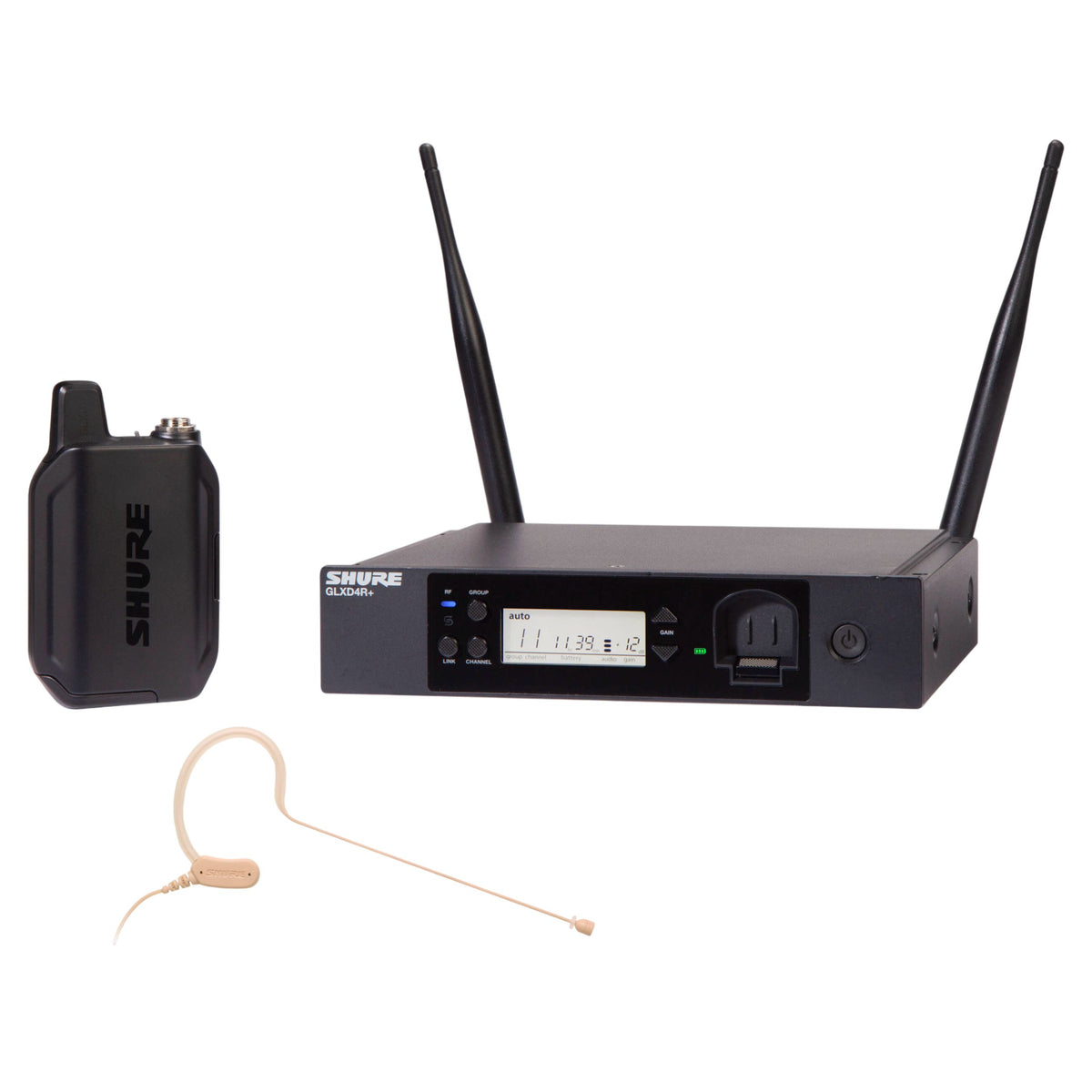 Inclusions of Shure GLXD14R+/MX53 Digital Wireless Rack System on white background