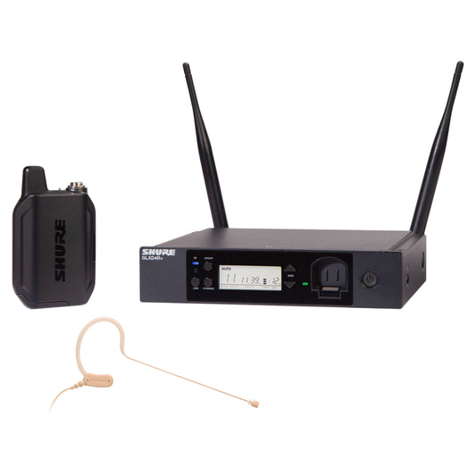 Inclusions of Shure GLXD14R+/MX53 Digital Wireless Rack System on white background