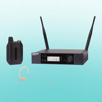 Inclusions of Shure GLXD14R+/MX53 Digital Wireless Rack System on blue background