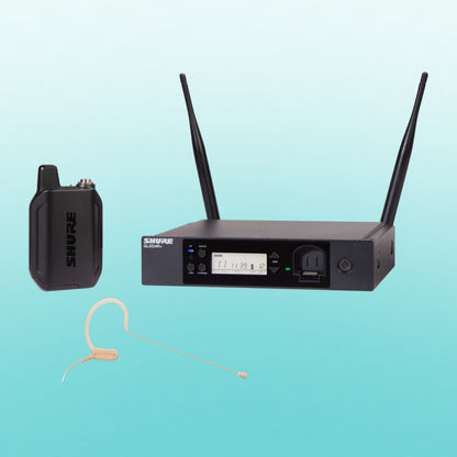 Inclusions of Shure GLXD14R+/MX53 Digital Wireless Rack System on blue background