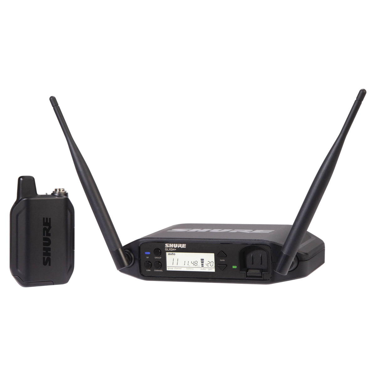 Inclusions of Shure GLXD14+/B98 Digital Wireless Instrument System on white background