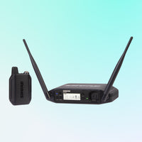 Inclusions of Shure GLXD14+/B98 Digital Wireless Instrument System on blue background