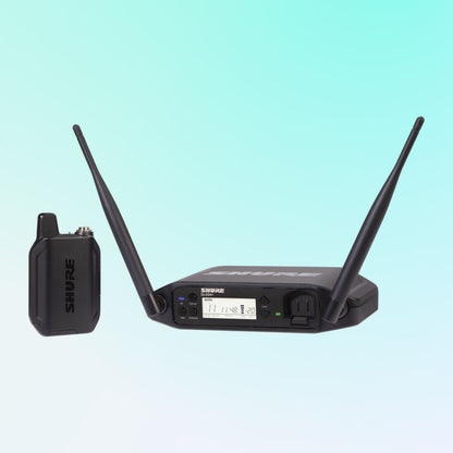 Inclusions of Shure GLXD14+/B98 Digital Wireless Instrument System on blue background