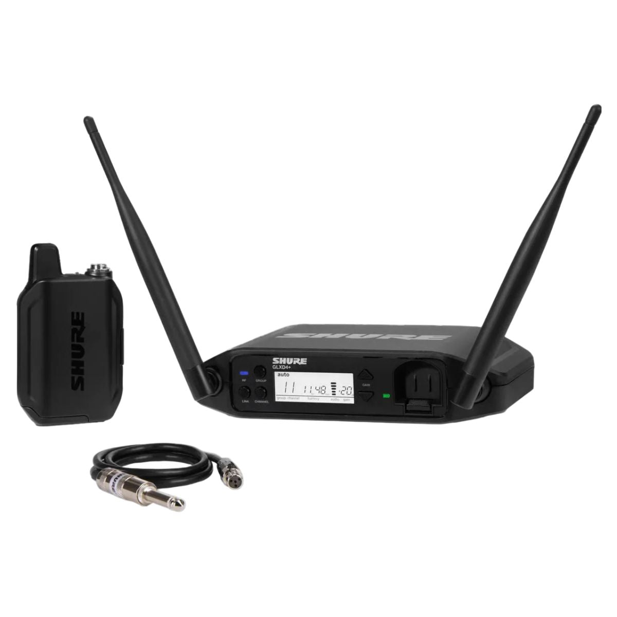 Inclusions of Shure GLXD14+ Digital Wireless Bodypack System on white background