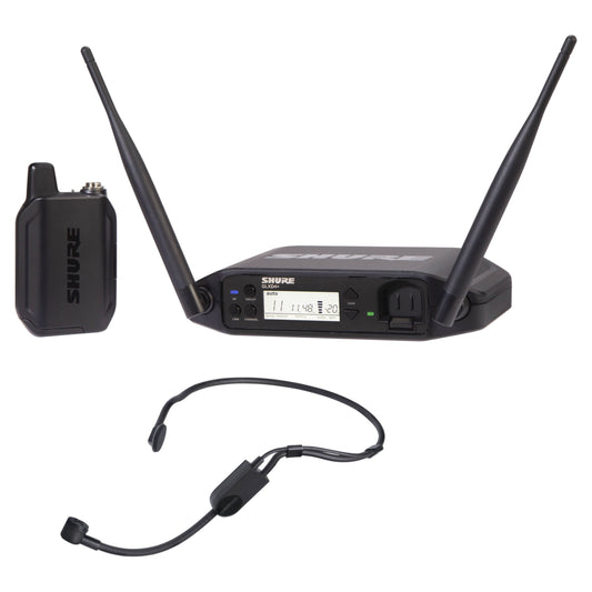 Inclusions of Shure GLXD14+/PGA31 Digital Wireless Headset System on white background