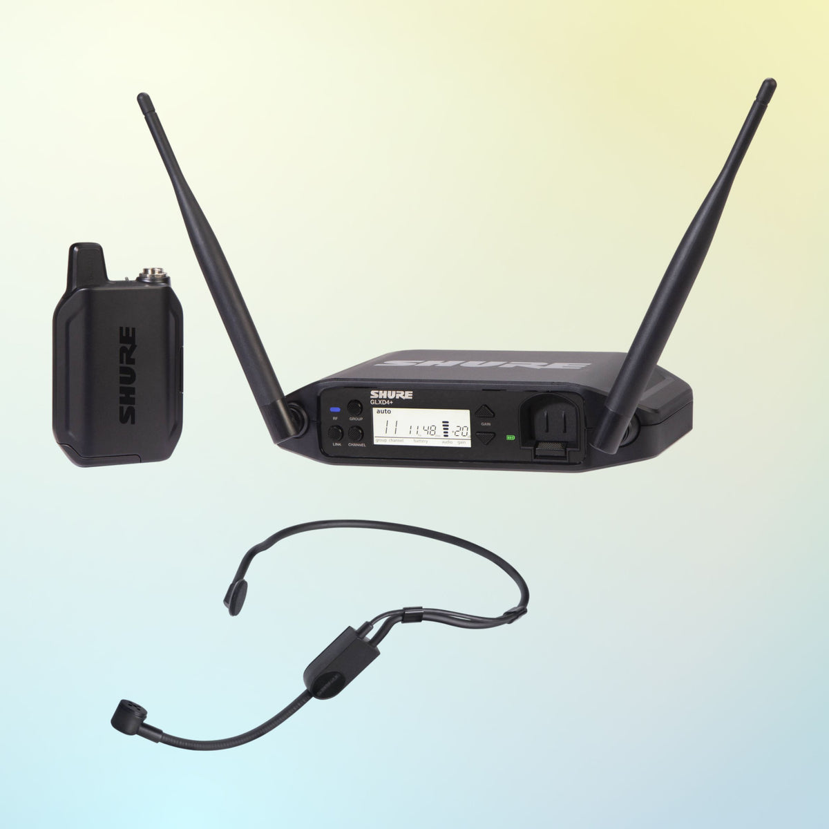 Inclusions of Shure GLXD14+/PGA31 Digital Wireless Headset System on yellow and blue gradient background