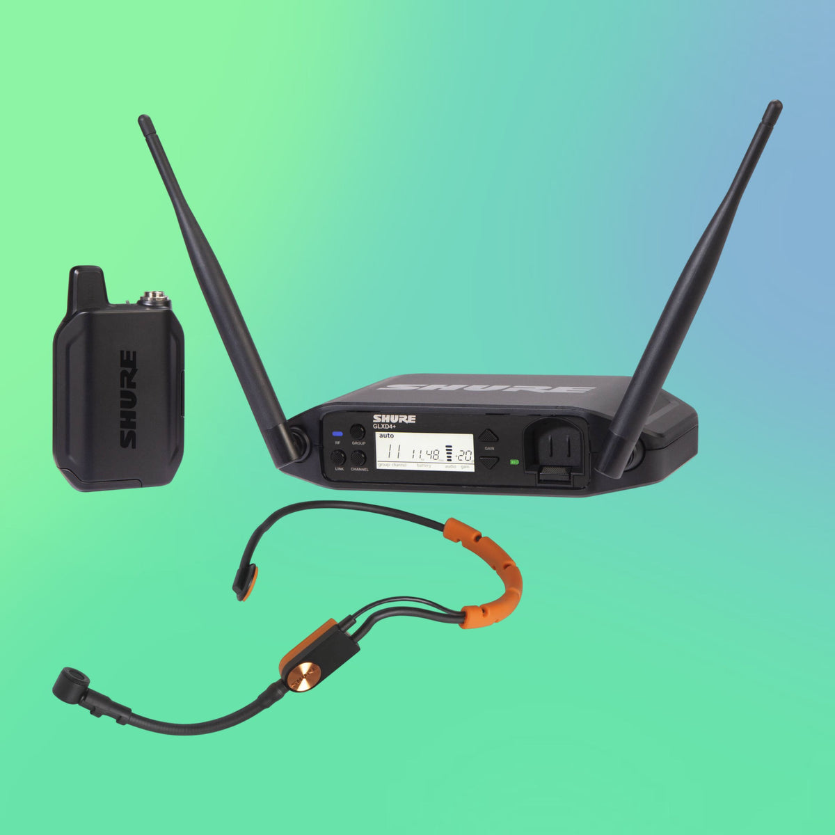 Inclusions of Shure GLXD14+/SM31 Digital Wireless Headset System on green and blue gradient background