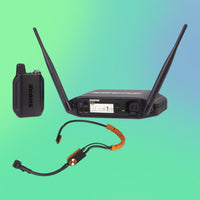 Inclusions of Shure GLXD14+/SM31 Digital Wireless Headset System on green and blue gradient background
