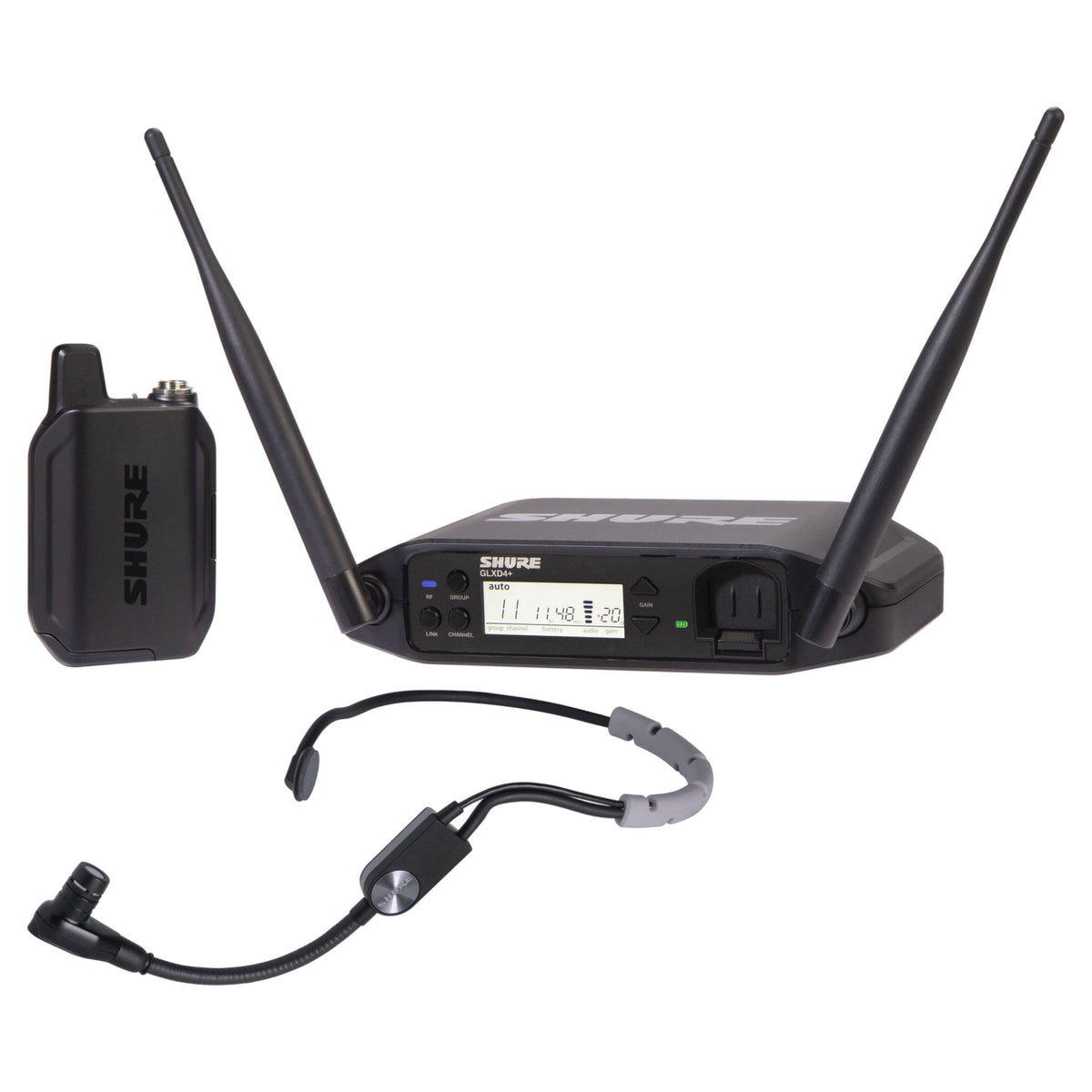 Inclusions of Shure GLXD14+/SM35 Digital Wireless Headset System on white background