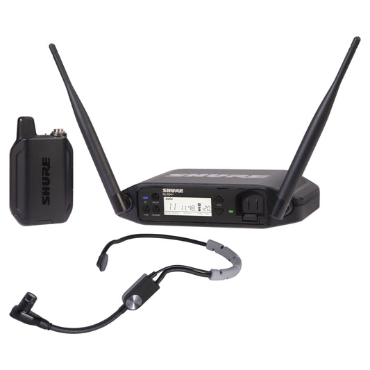 Inclusions of Shure GLXD14+/SM35 Digital Wireless Headset System on white background