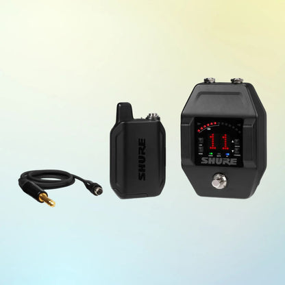 Inclusions of Shure GLXD16+ Digital Wireless Guitar Pedal System on yellow and blue gradient background