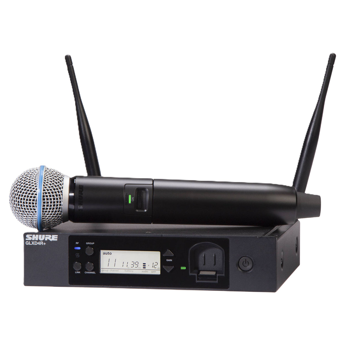 Inclusions of Shure GLXD24R+/B58 Digital Wireless Rack System on white background
