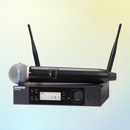 Inclusions of Shure GLXD24R+/B58 Digital Wireless Rack System on blue and yellow gradient background
