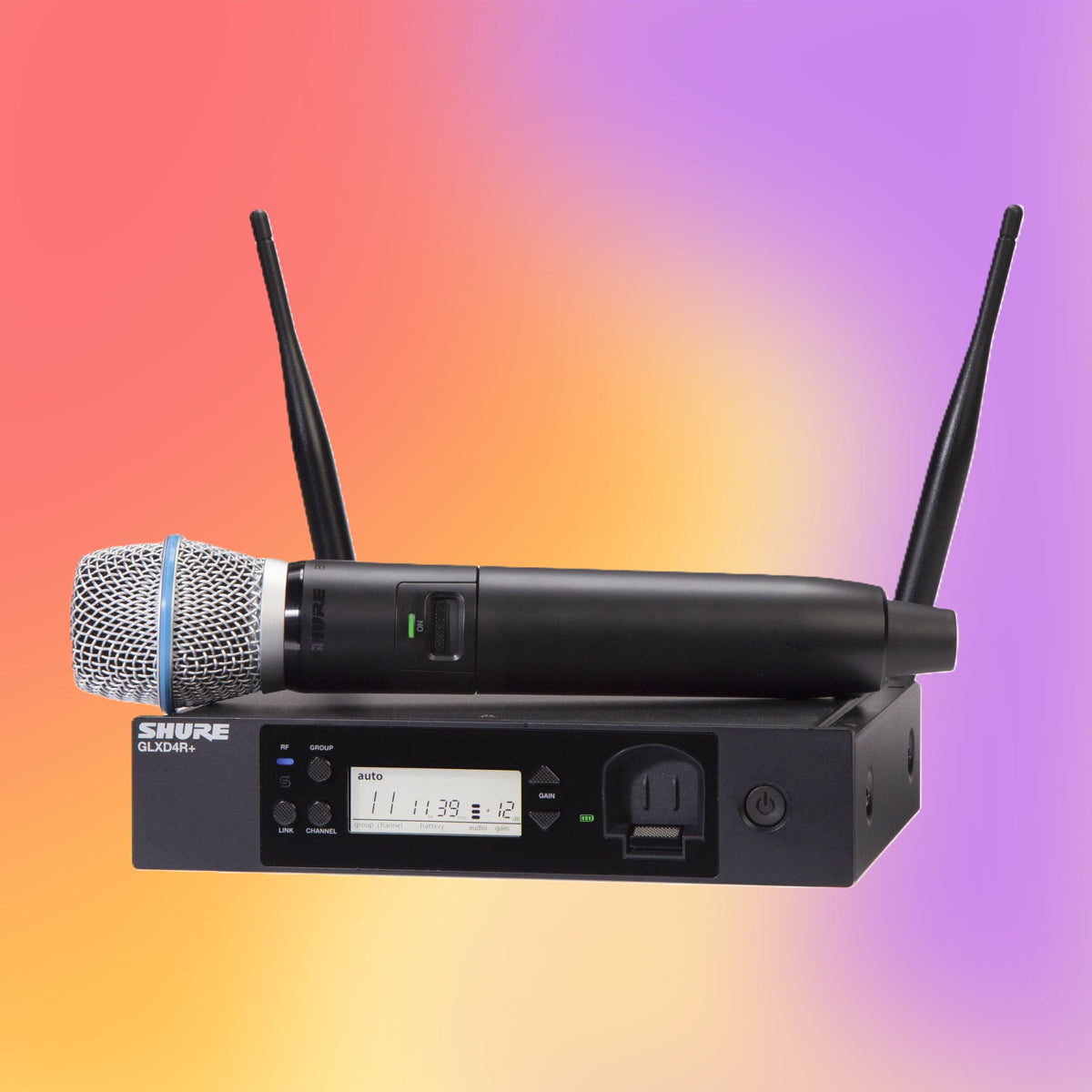 Inclusions of Shure GLXD24R+/B87A Digital Wireless Rack System on multicolored background
