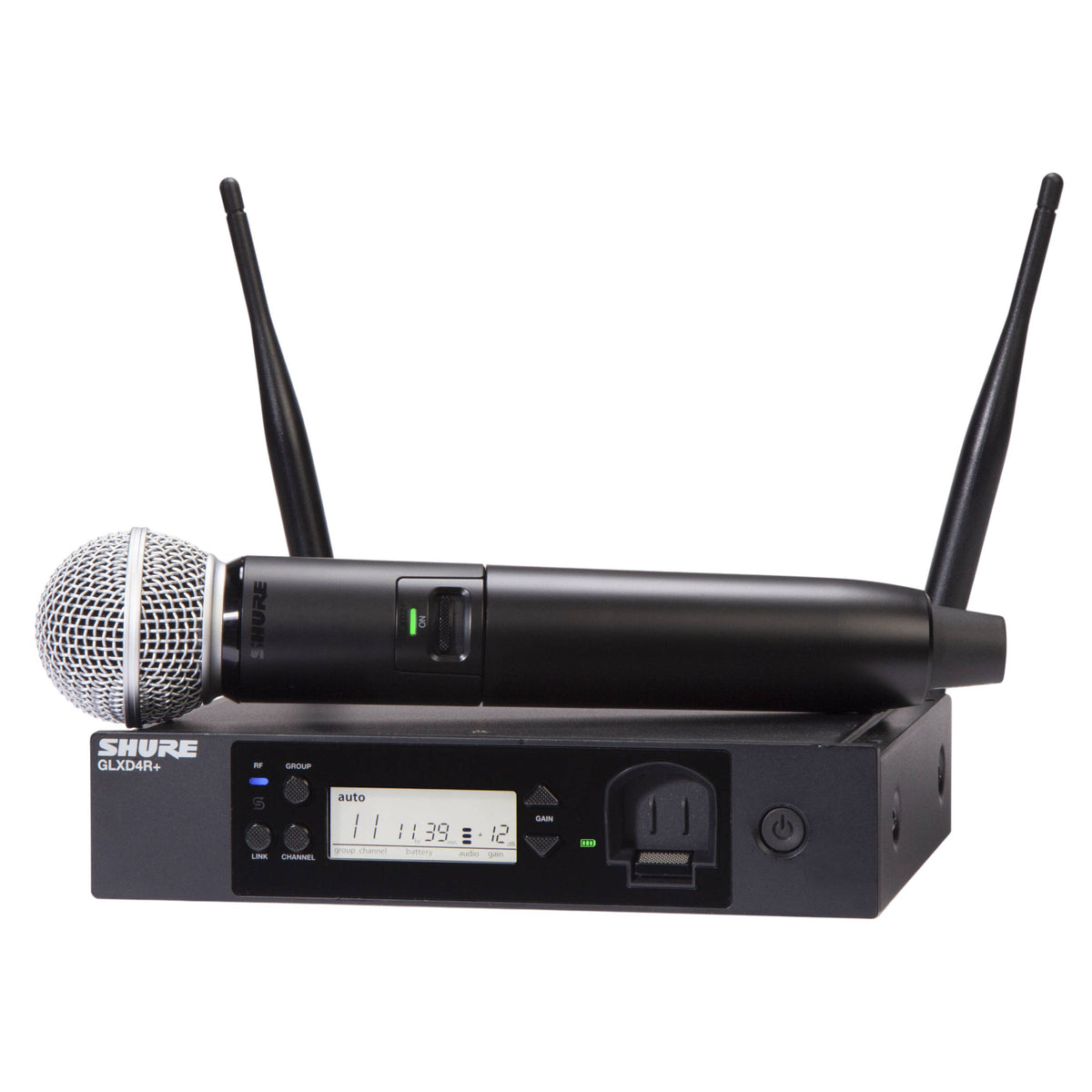 Inclusions of Shure GLXD24R+/SM58 Digital Wireless Rack System on white background