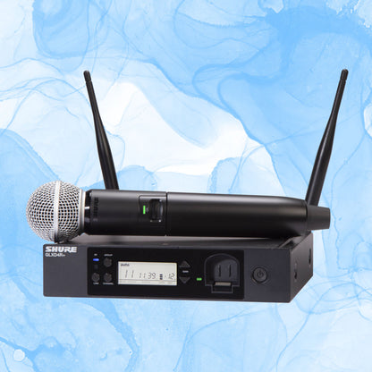 Inclusions of Shure GLXD24R+/SM58 Digital Wireless Rack System on blue background