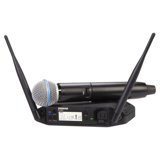 Inclusions of Shure GLXD24+/B58 Digital Wireless Handheld System on white background