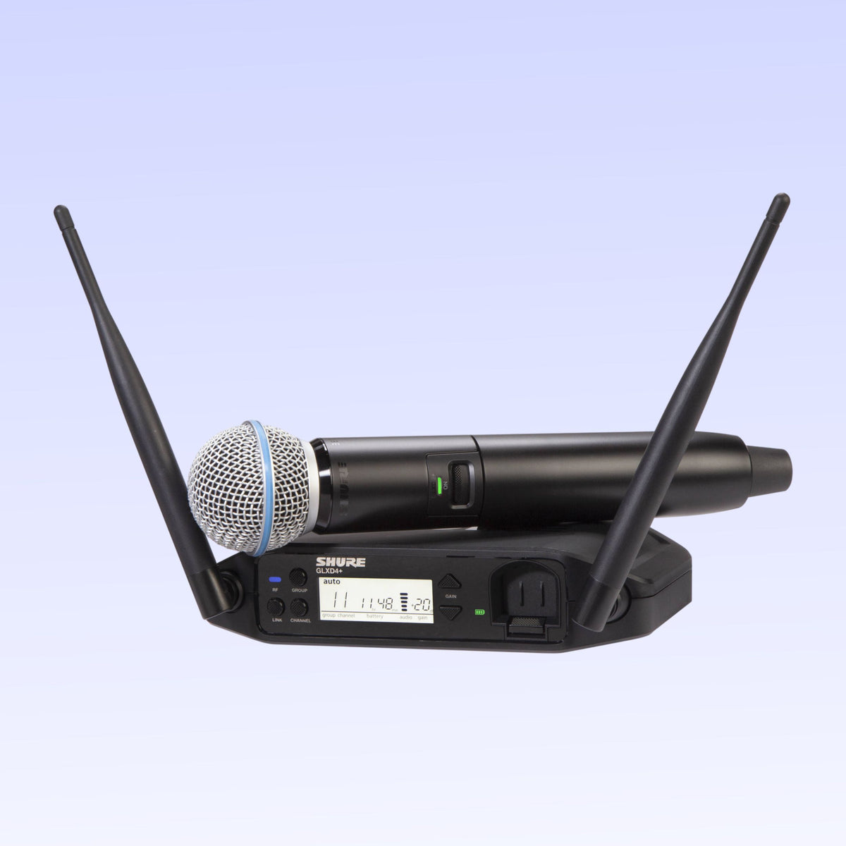 Inclusions of Shure GLXD24+/B58 Digital Wireless Handheld System on purple background