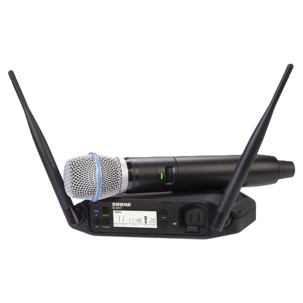 Inclusions of Shure GLXD24+/B87A Digital Wireless Handheld System on white background