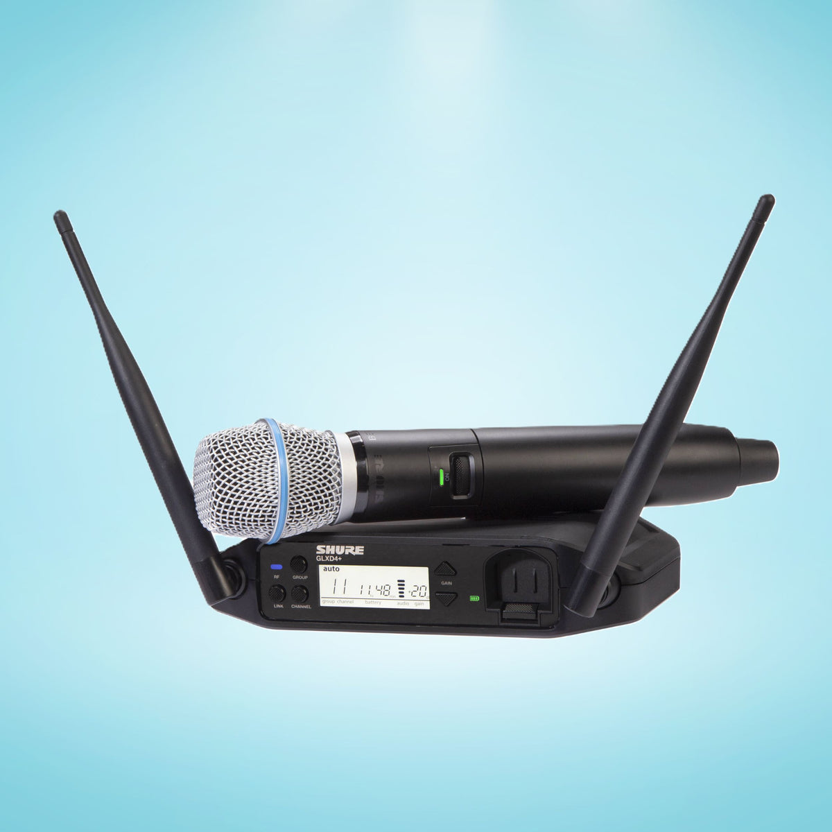 Inclusions of Shure GLXD24+/B87A Digital Wireless Handheld System on blue background