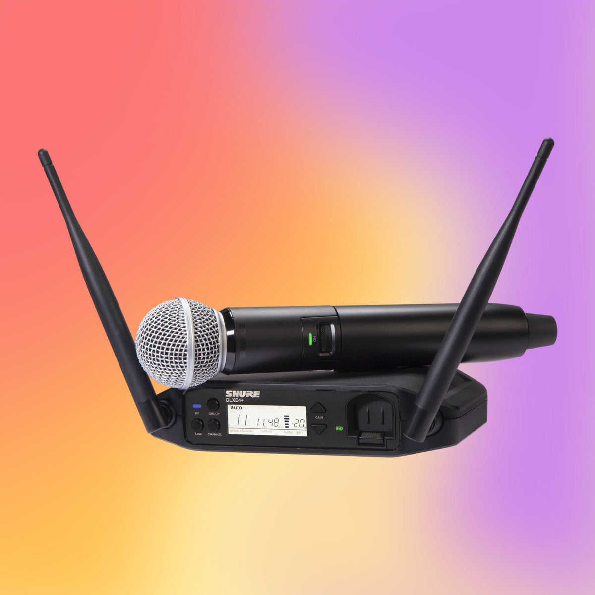 Inclusions of Shure GLXD24+/SM58 Digital Wireless Handheld System on multicolored background