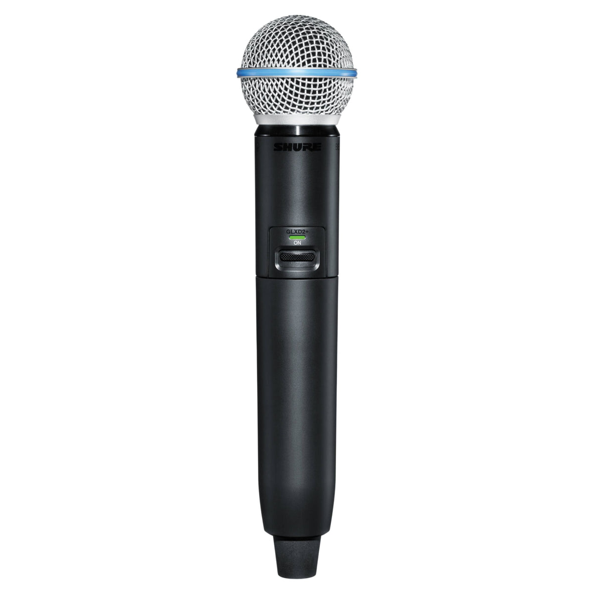 Front view of Shure GLXD2+/B58 Digital Wireless Dual Band Handheld Transmitter on white background