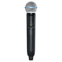 Front view of Shure GLXD2+/B58 Digital Wireless Dual Band Handheld Transmitter on white background