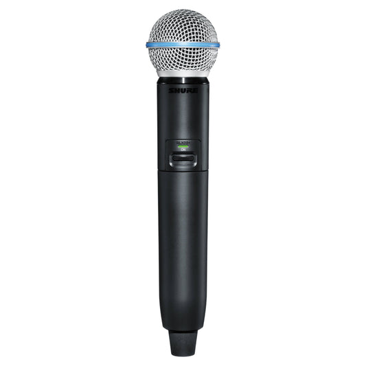 Front view of Shure GLXD2+/B58 Digital Wireless Dual Band Handheld Transmitter on white background