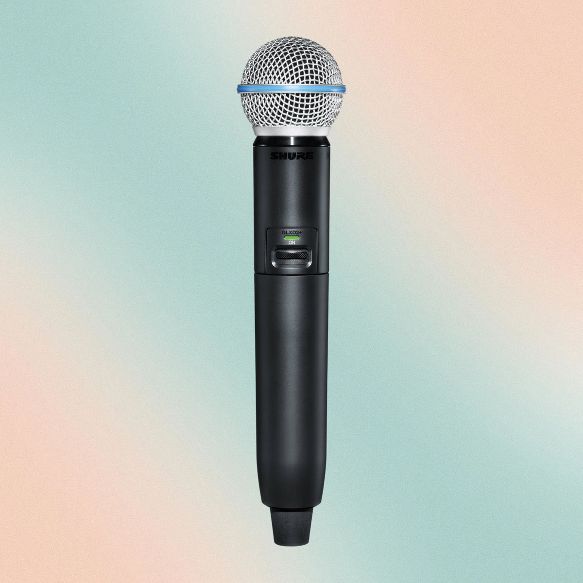 Front view of Shure GLXD2+/B58 Digital Wireless Dual Band Handheld Transmitter on orange and green gradient background