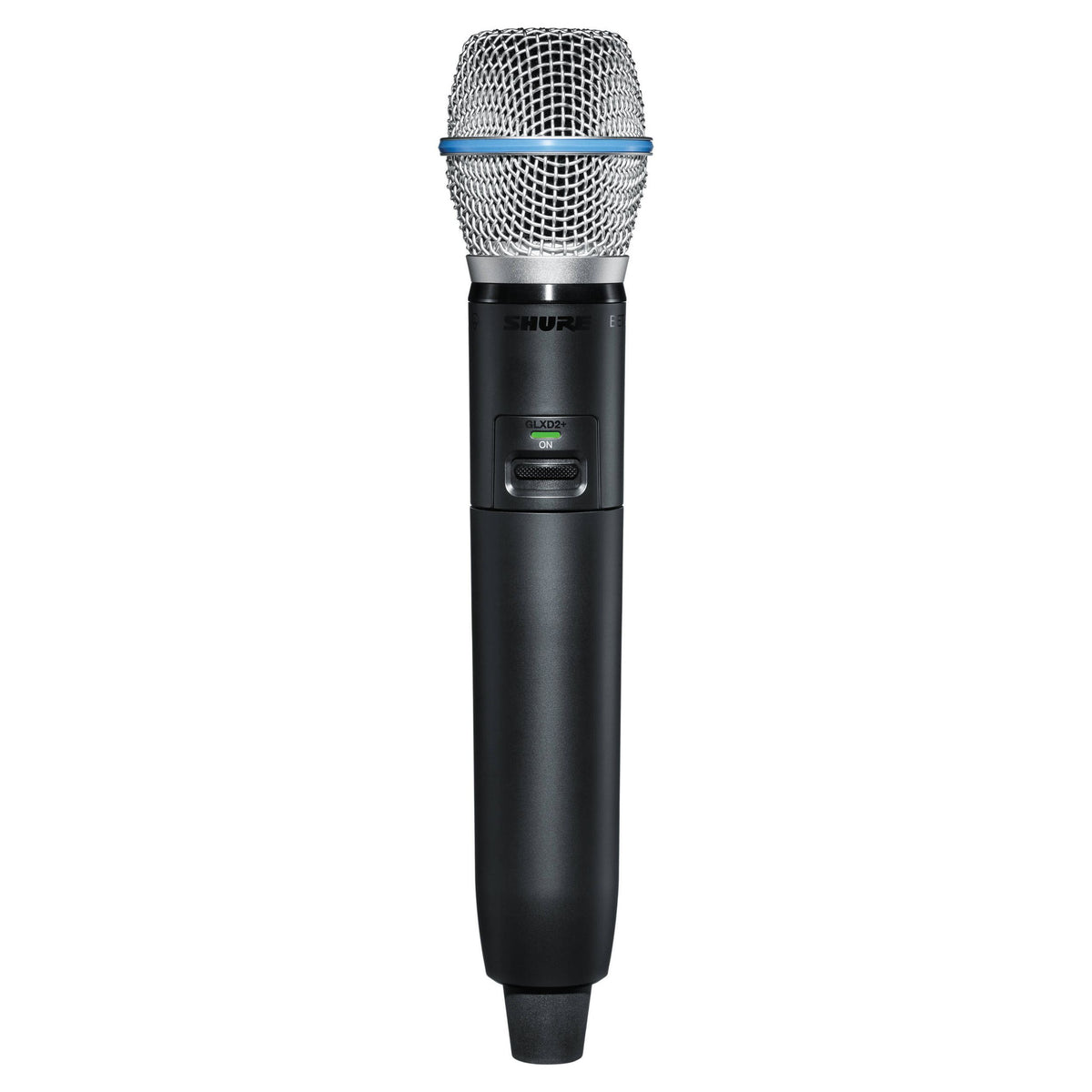 Front view of Shure GLXD2+/B87A Digital Wireless Dual Band Handheld Transmitter on white background