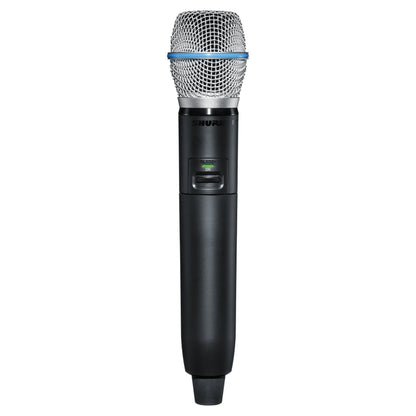 Front view of Shure GLXD2+/B87A Digital Wireless Dual Band Handheld Transmitter on white background