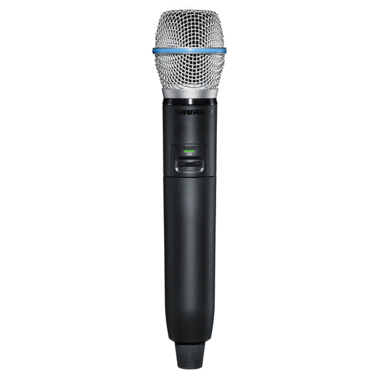 Front view of Shure GLXD2+/B87A Digital Wireless Dual Band Handheld Transmitter on white background