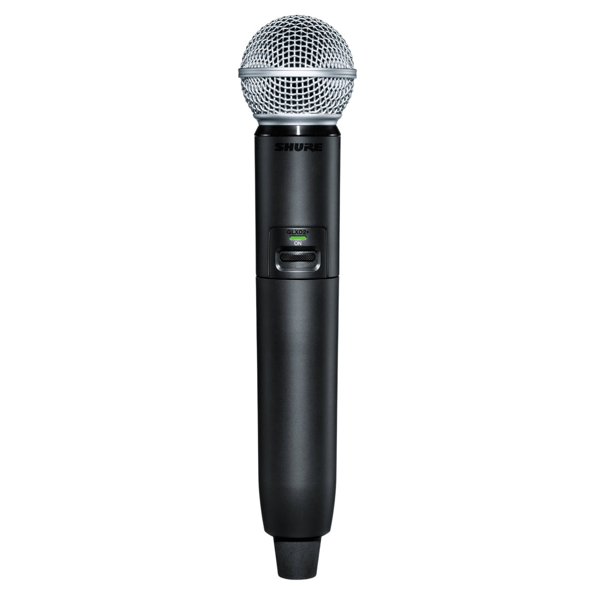 Front view of Shure GLXD2+/SM58 Digital Wireless Dual Band Handheld Transmitter on white background