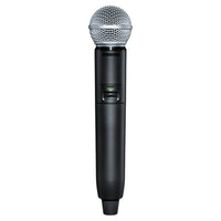 Front view of Shure GLXD2+/SM58 Digital Wireless Dual Band Handheld Transmitter on white background