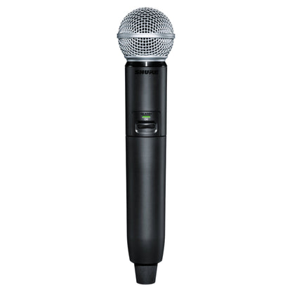 Front view of Shure GLXD2+/SM58 Digital Wireless Dual Band Handheld Transmitter on white background