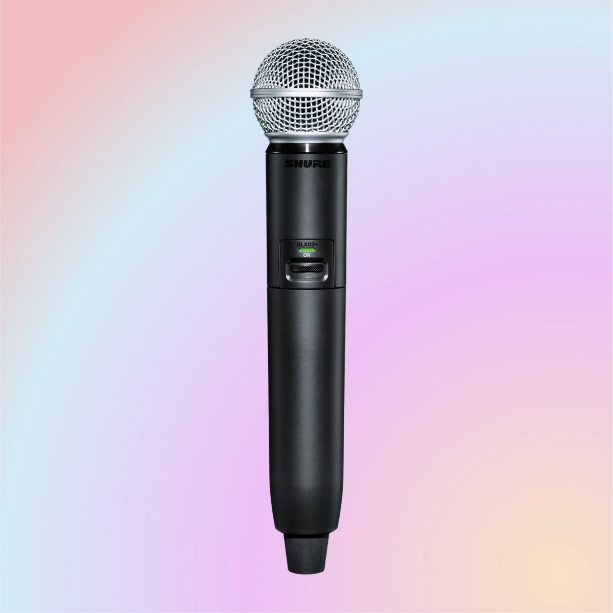 Front view of Shure GLXD2+/SM58 Digital Wireless Dual Band Handheld Transmitter on multicolored background