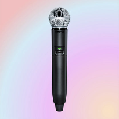 Front view of Shure GLXD2+/SM58 Digital Wireless Dual Band Handheld Transmitter on multicolored background