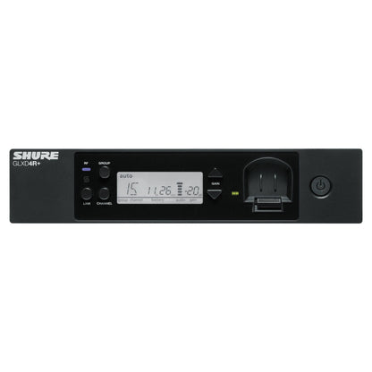Front view of Shure GLXD4R+ Digital Wireless Dual Band Half-Rack Receiver on white background