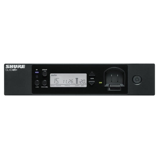Front view of Shure GLXD4R+ Digital Wireless Dual Band Half-Rack Receiver on white background