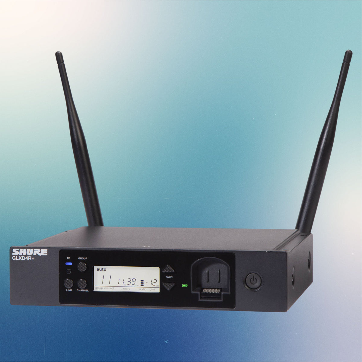 Angled view of Shure GLXD4R+ Digital Wireless Dual Band Half-Rack Receiver on blue background
