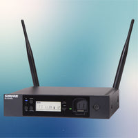 Angled view of Shure GLXD4R+ Digital Wireless Dual Band Half-Rack Receiver on blue background