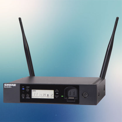 Angled view of Shure GLXD4R+ Digital Wireless Dual Band Half-Rack Receiver on blue background