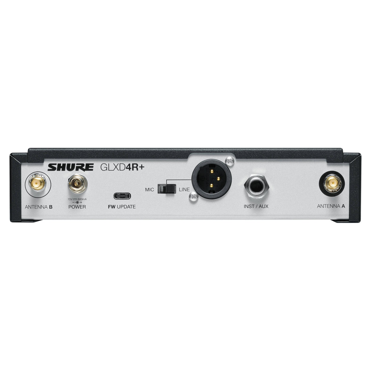 Rear ports view of Shure GLXD4R+ Digital Wireless Dual Band Half-Rack Receiver on white background