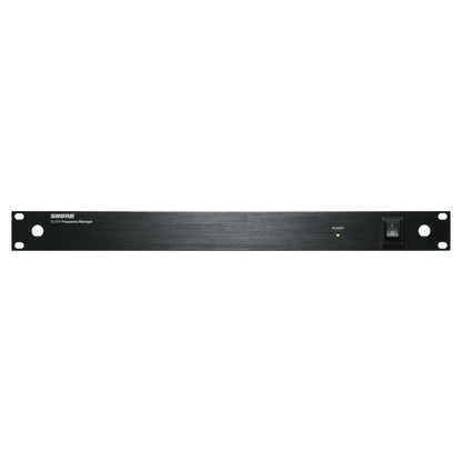 Front view of Shure GLXD+FM Dual-Band Wireless Frequency Manager on white background
