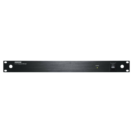 Front view of Shure GLXD+FM Dual-Band Wireless Frequency Manager on white background