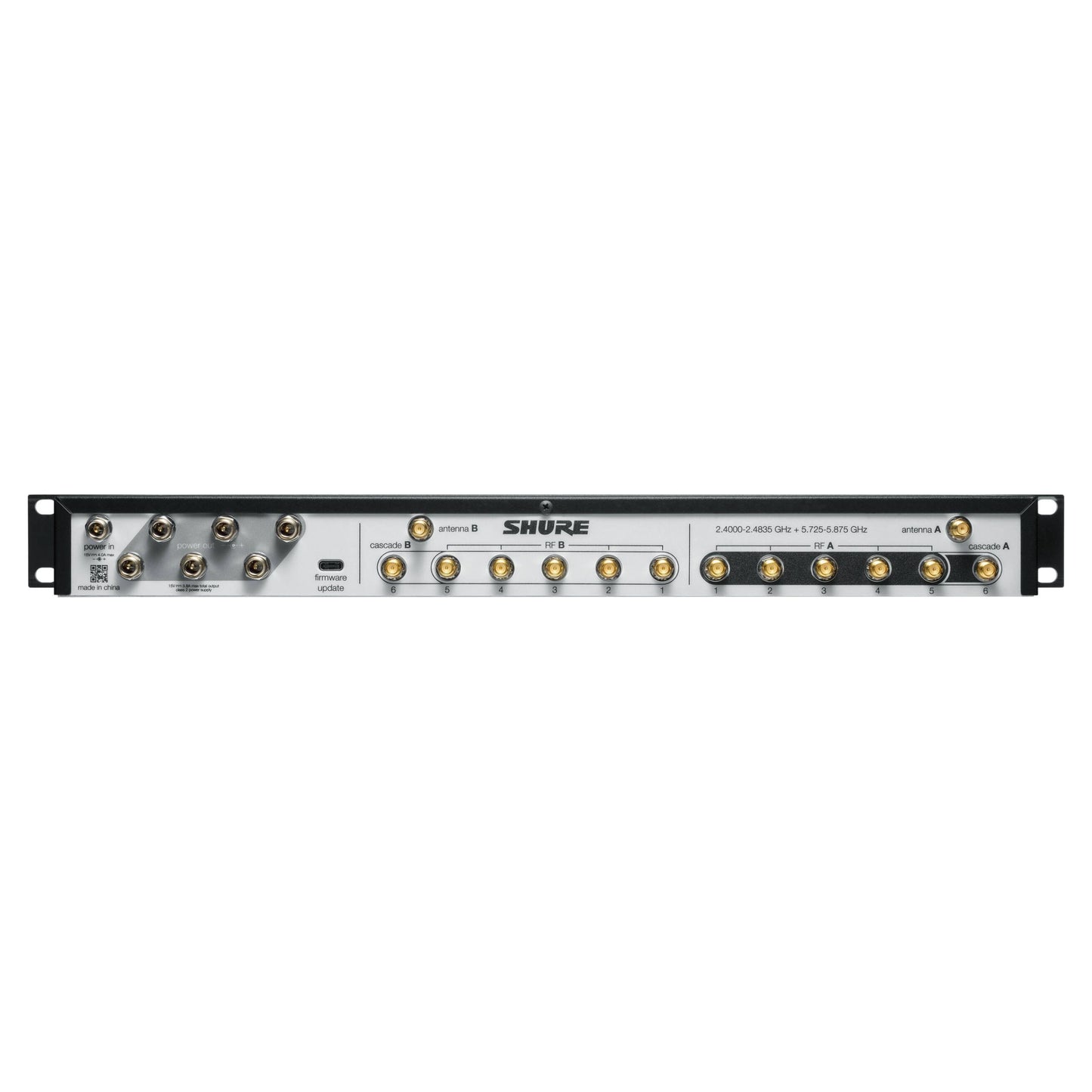 Rear ports view of Shure GLXD+FM Dual-Band Wireless Frequency Manager on white background