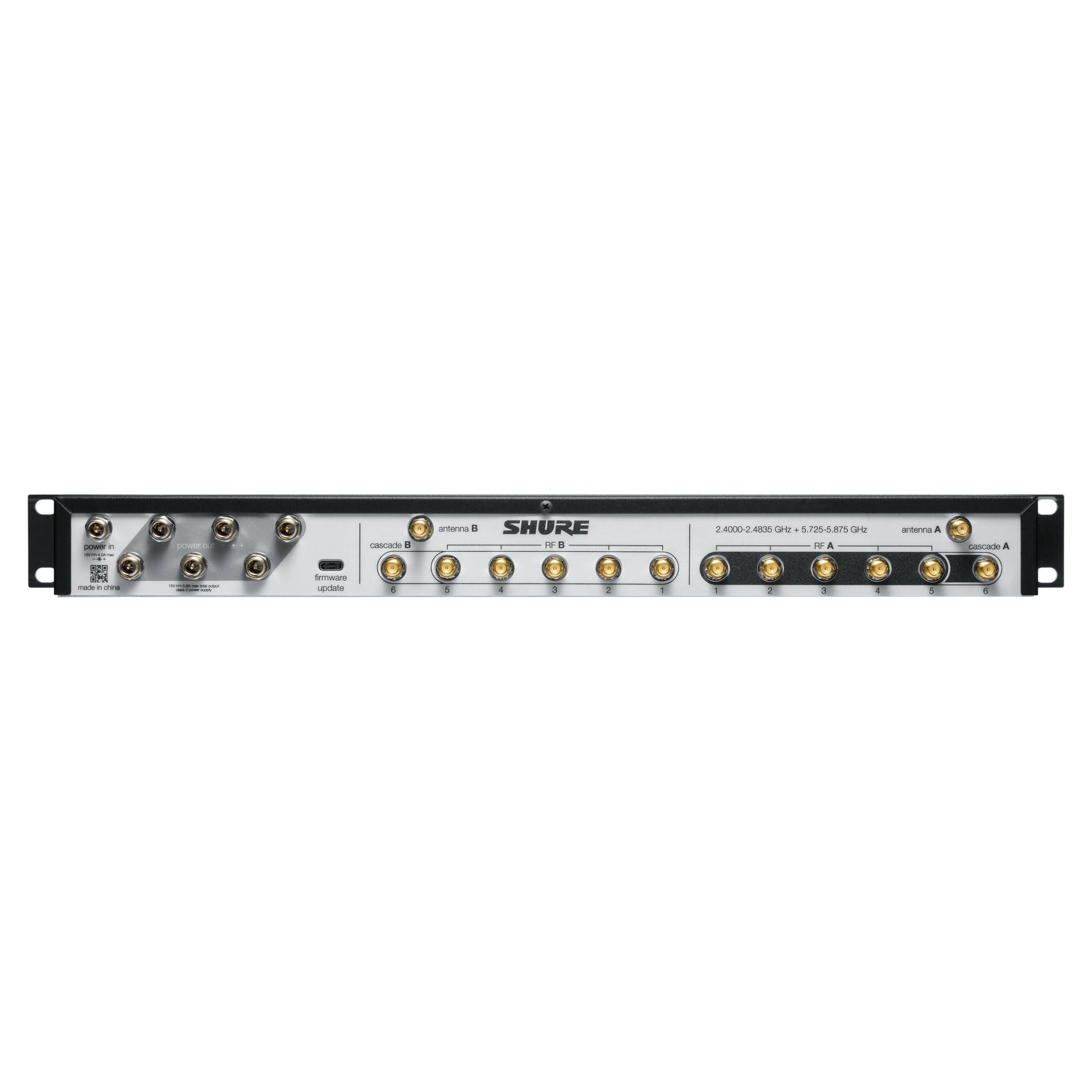 Rear ports view of Shure GLXD+FM Dual-Band Wireless Frequency Manager on white background