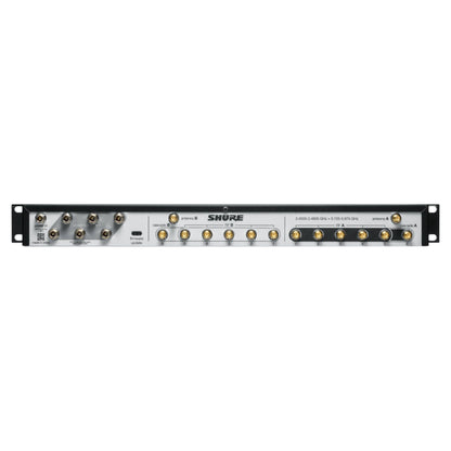 Rear ports view of Shure GLXD+FM Dual-Band Wireless Frequency Manager on white background