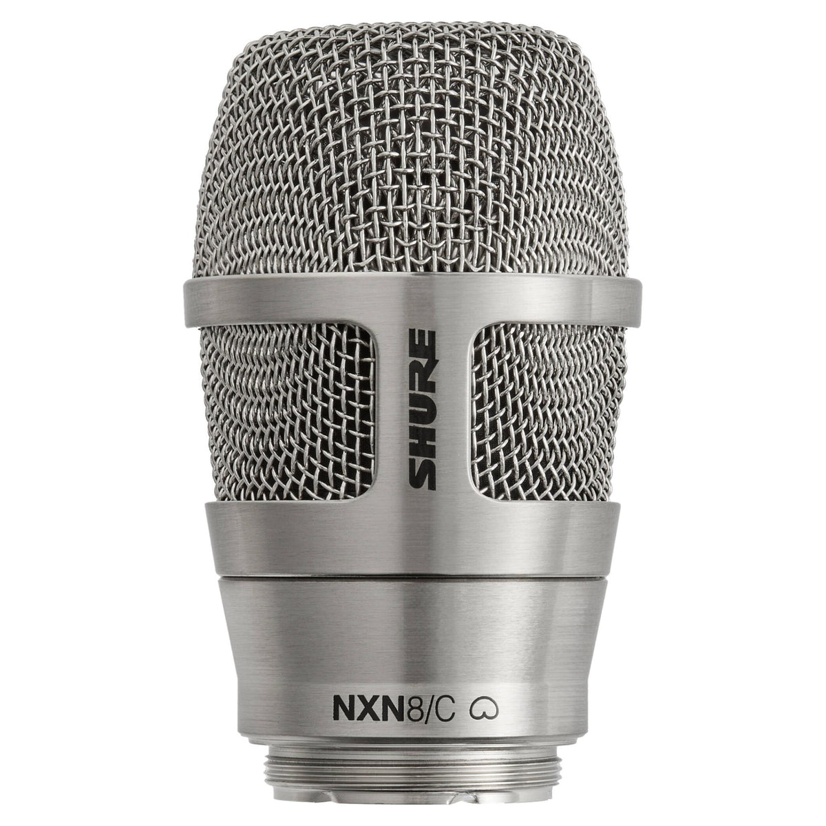 Front view of Shure Nexadyne 8 Microphone Capsule for Wireless Transmitters Cardioid Nickel on white background