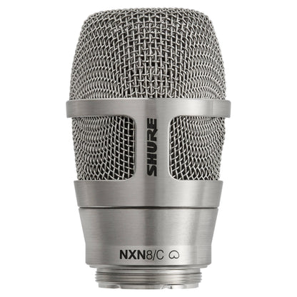 Front view of Shure Nexadyne 8 Microphone Capsule for Wireless Transmitters Cardioid Nickel on white background